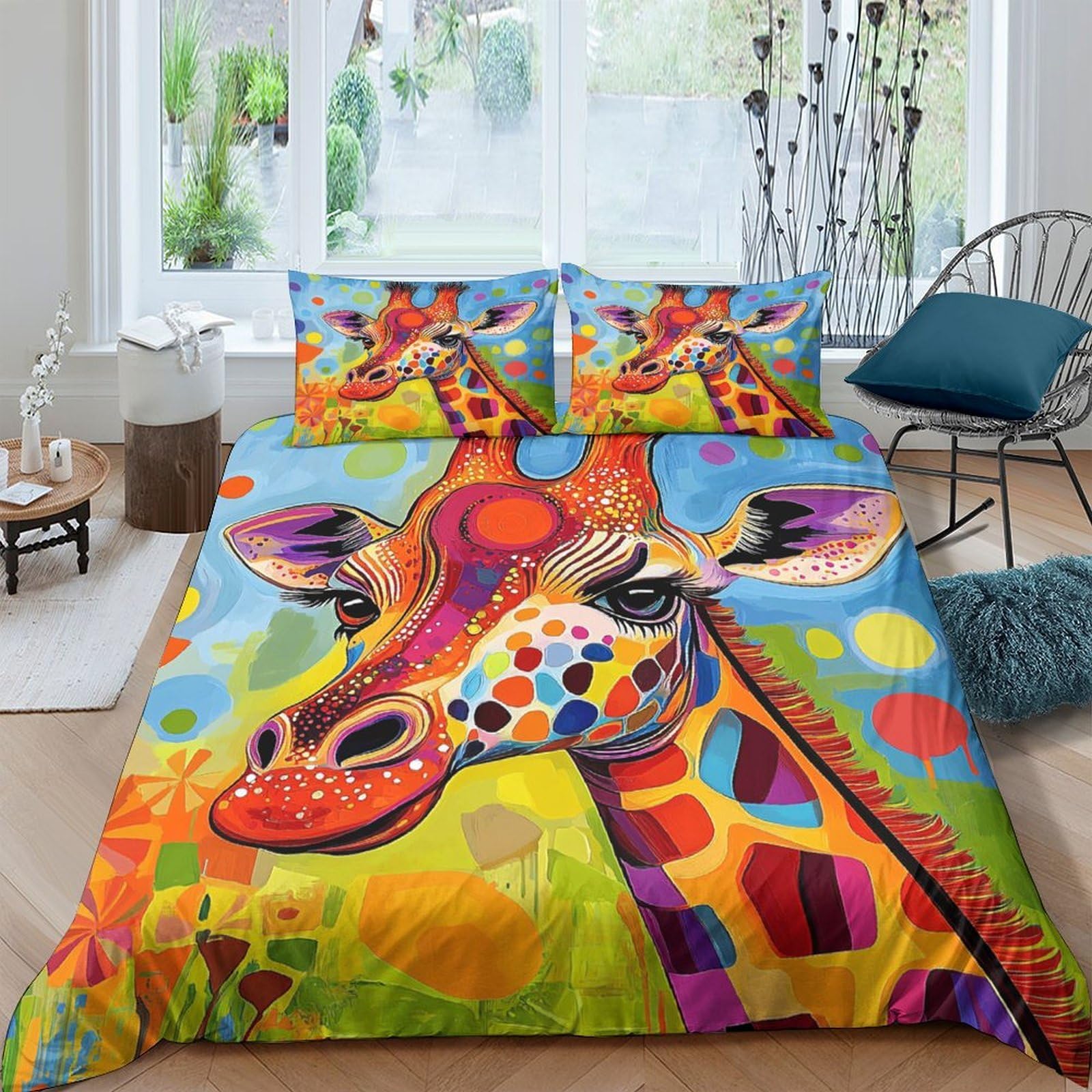 GPLZQXKJNH 3D Printed Colorful Giraffe Duvet Cover Set Microfiber Soft Breathable Abstract Animal Bedding with 2 Pillowcases for Bedroom Home Decor Single（135x200cm）