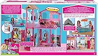 Vista 6 de Barbie Casa de muñecas de 3 pisos con ascensor, silla de columpio, muebles y accesorios, plegable para portabilidad y viajes (exclusivo de Yaxa)