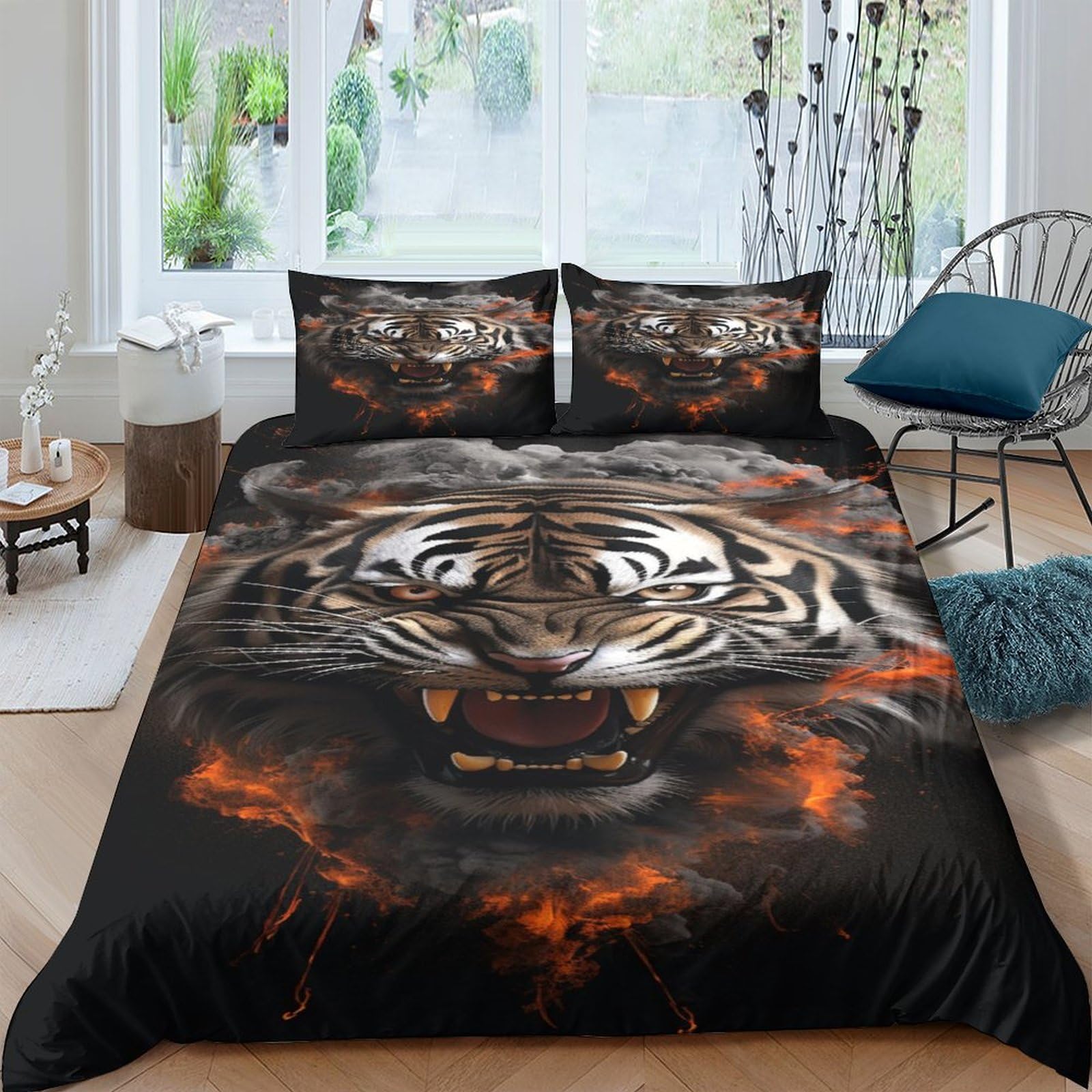Housse de couette tigre 3D graffiti souple 200x200 cm avec taies d'oreillers