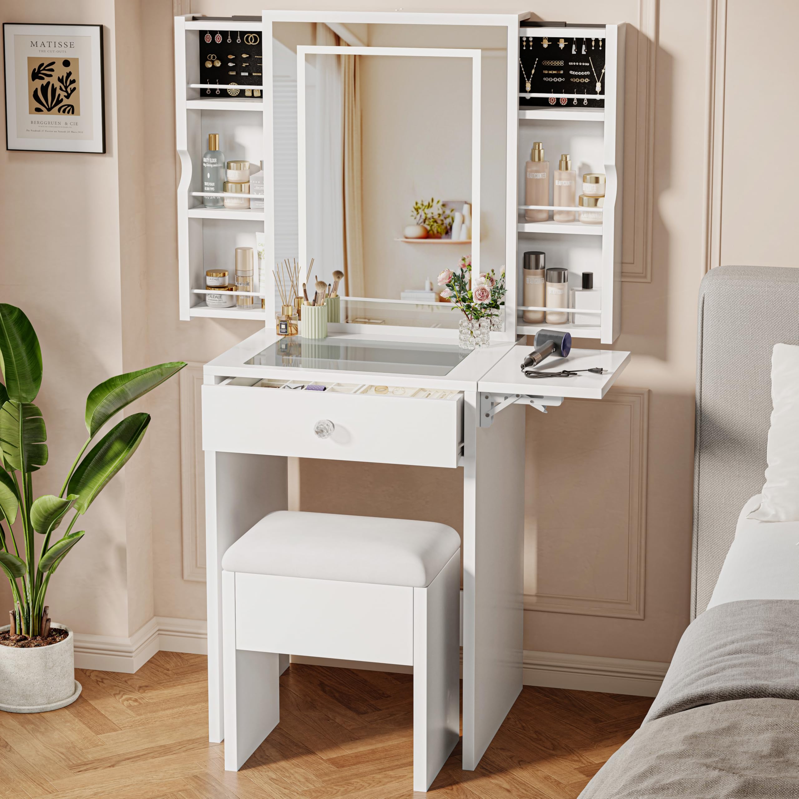 Einhomn Samll Vanity Desk Set with Mirror and Lights, Glass Top Vanity with Storage, Compact Makeup Dressing Table with Stool and 2 Hidden Pull-Out