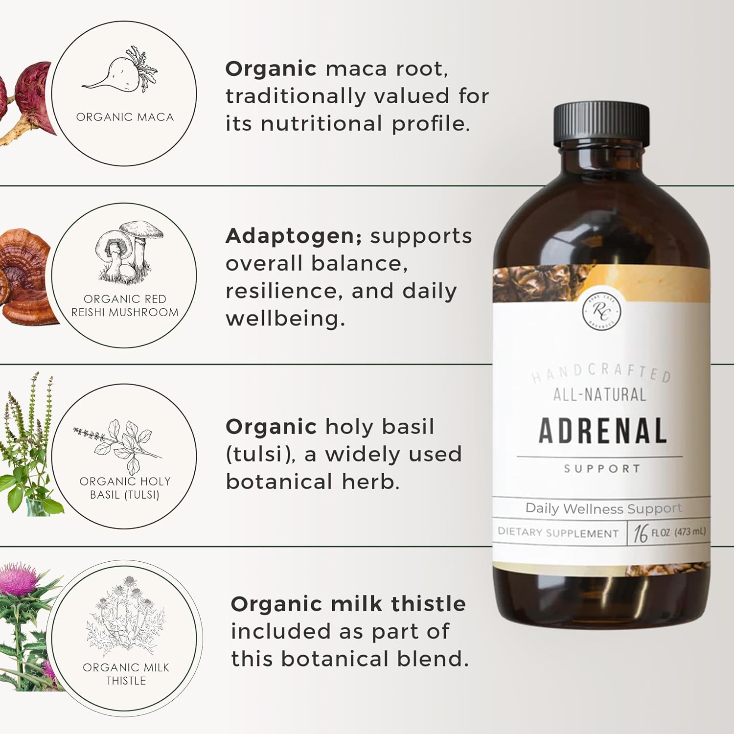 Rowe Casa Organics Adrenal Support Supplements for Daily Balance & Vitality – Liquid Drops with Organic Botanical Herbs – Unflavored Formula for Adults & Ages 12 & Up, 16 Fl. Oz.