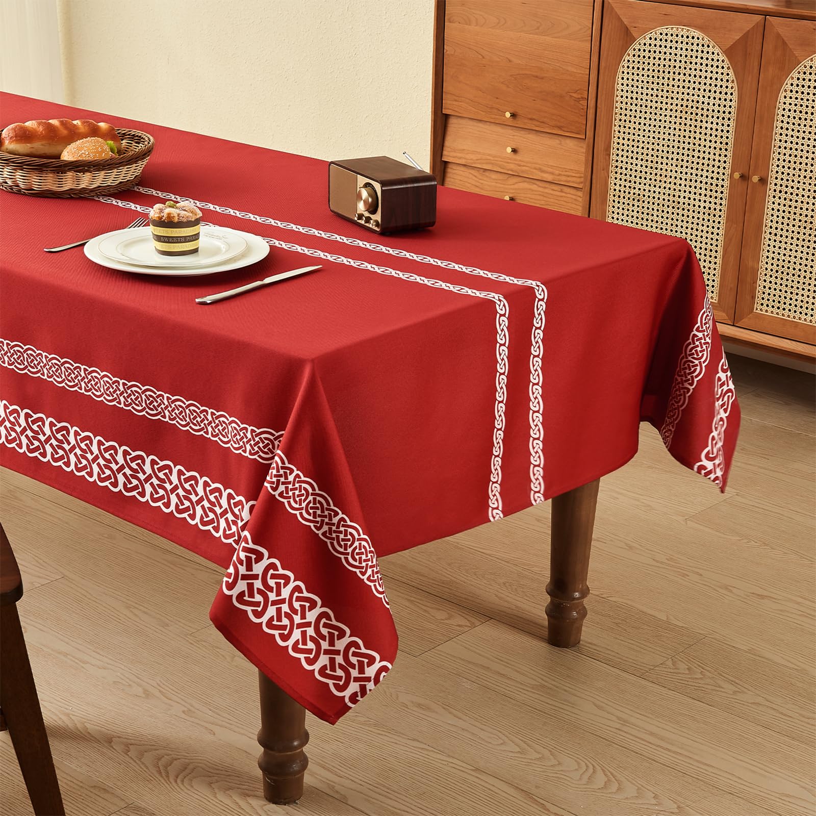 WAITER TREE Table Cloth 140x240 cm Rectangle Wipe Clean Table Cloth Washable Waterproof Tablecloth, Celtic Knot Printed Linen Decorative Table Cover for Dining Parties - Hot Red — image 1