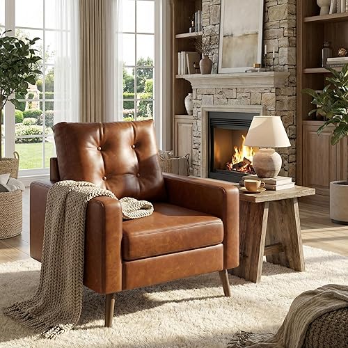 Miniatura 9 de HNY Sillón moderno de mediados de siglo, silla decorativa de piel sintética con botones y brazo, silla tapizada para sala de estar, color caramelo