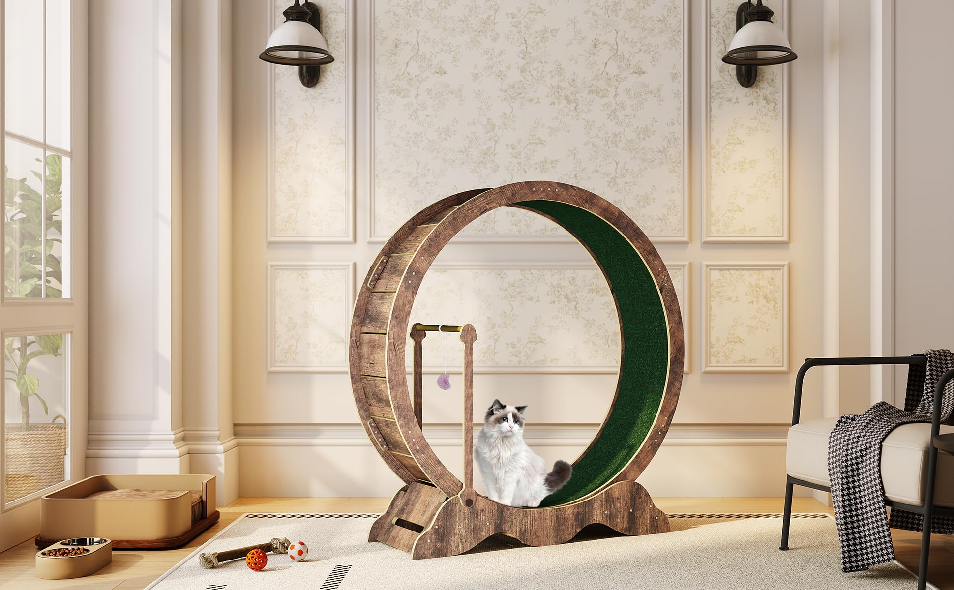GarveeHome Katzenlaufrad XXL, 115cm Laufrad Leise Katzen-Laufrad | Mit Kratzbrett Und Spielbälle, Katzenlaufrad-Laufband mit abnehmbarem Teppich zur Gewichtskontrolle und gegen Langeweile