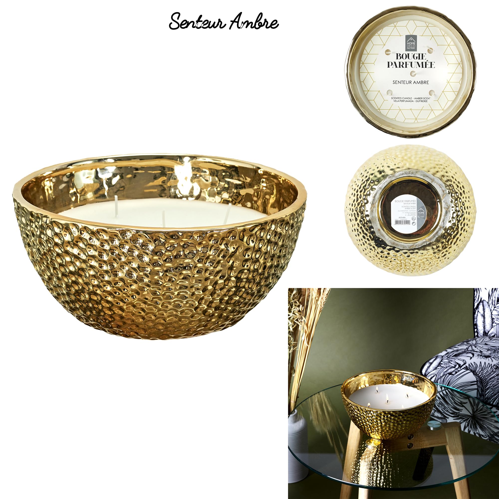 HOME DECO FACTORY - BO5486 Vela Perfumada Martillada Dorada 5 Mechas - Aroma Ámbar - Cera de Parafina - Tarro de Cerámica - Tiempo de Combustión 25h - Ø 21 cm - Color Amarillo