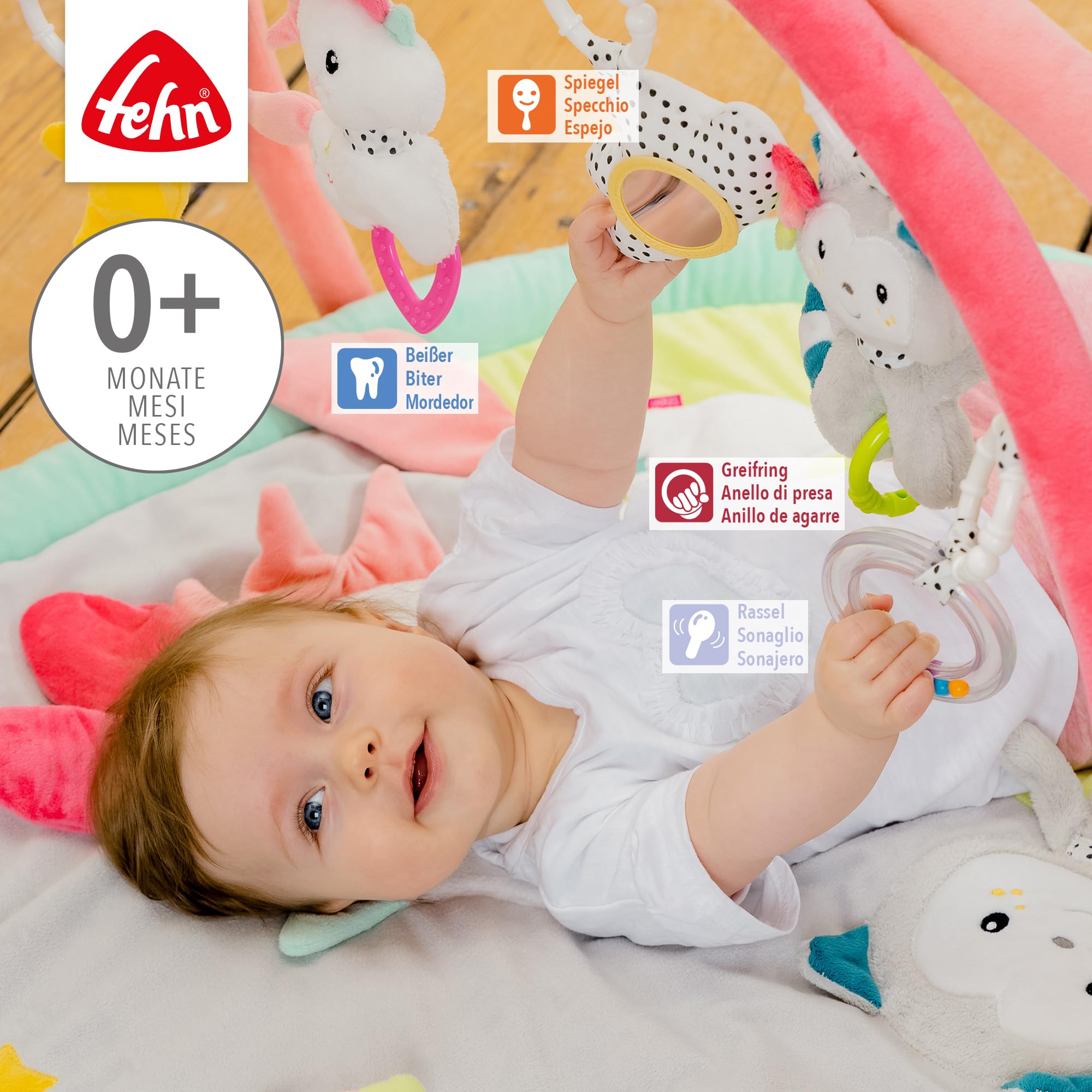 Fehn coperta attività 3D arco di gioco Aiko e Yuki - Tappeto da gioco con 5 giocattoli rimovibili da afferrare - per neonati e bambini a partire da 0+ mesi - come regalo per la nascita