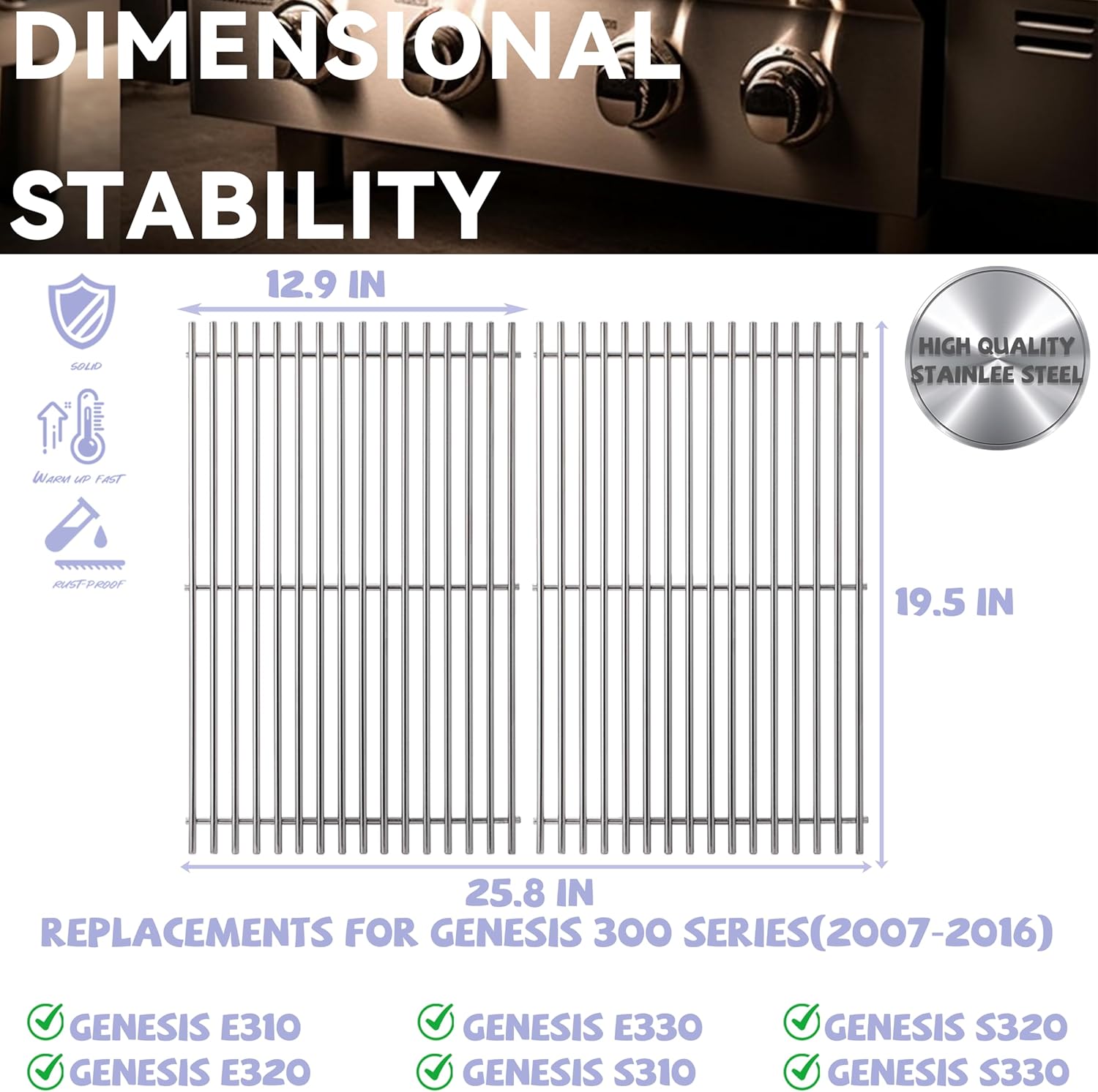 2 Pc 19.5" Stainless Steel Cooking Grates for Weber Genesis 300 Series,Genesis E310 E320 E330 S310 S320 S330 EP310 EP320 EP330 Gas Grill, Cooking Grids Grates Replacement for Weber 7528/7524