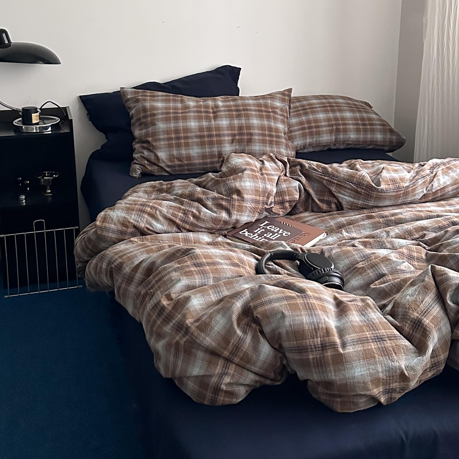EAVD Vintage Buffalo Plaid Duvet Cover King 100% Washed Cotton Brown&amp;Blue