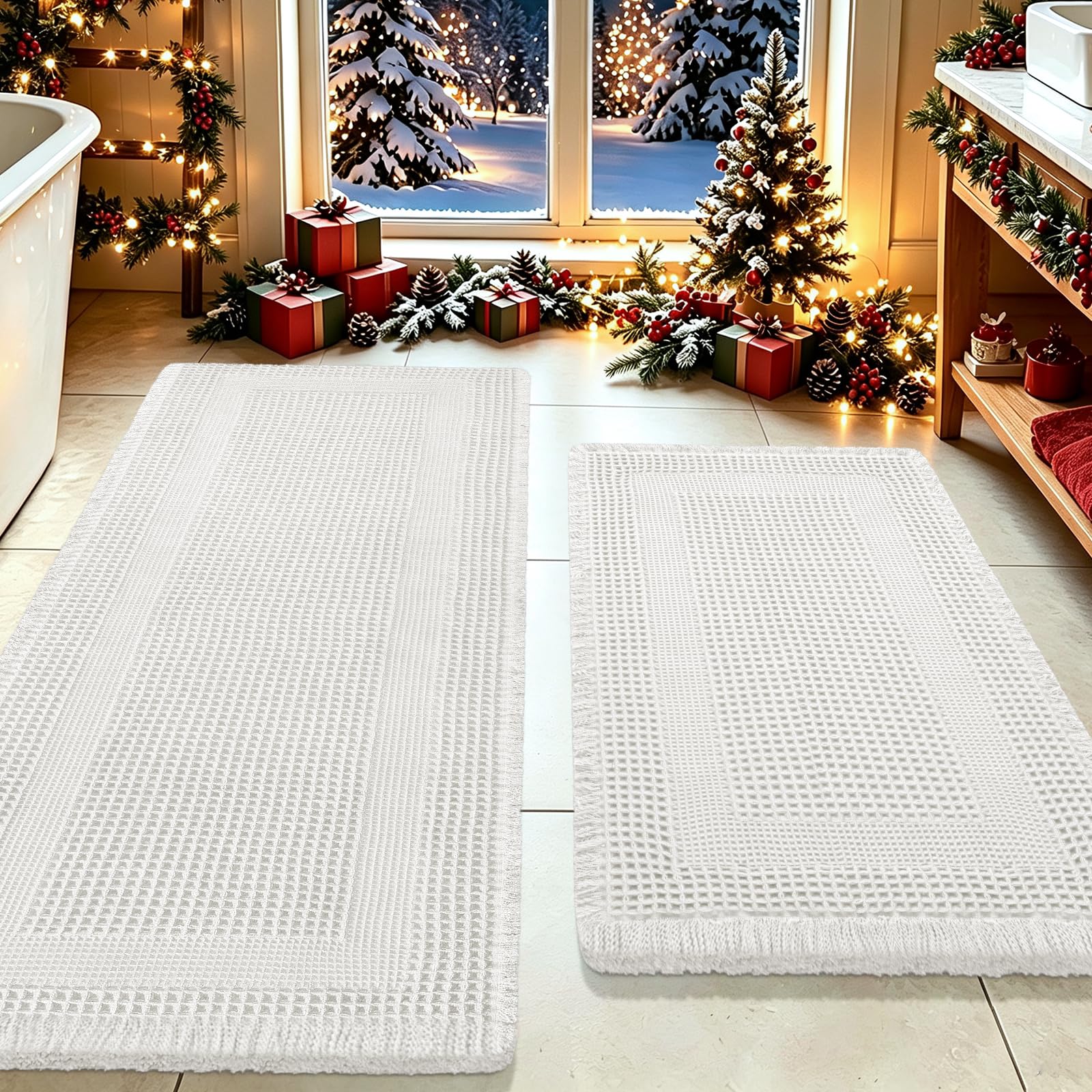 Upgrade Waffle Bath Mat Set 2 Piece, Boho Bathroom Rugs Absorbent Non Slip, Ultra Soft Bathroom Mat, Machine Washable Knit Bath Rugs with Tassels for Bathroom, Bedroom, Kitchen, Shower, Tub, White