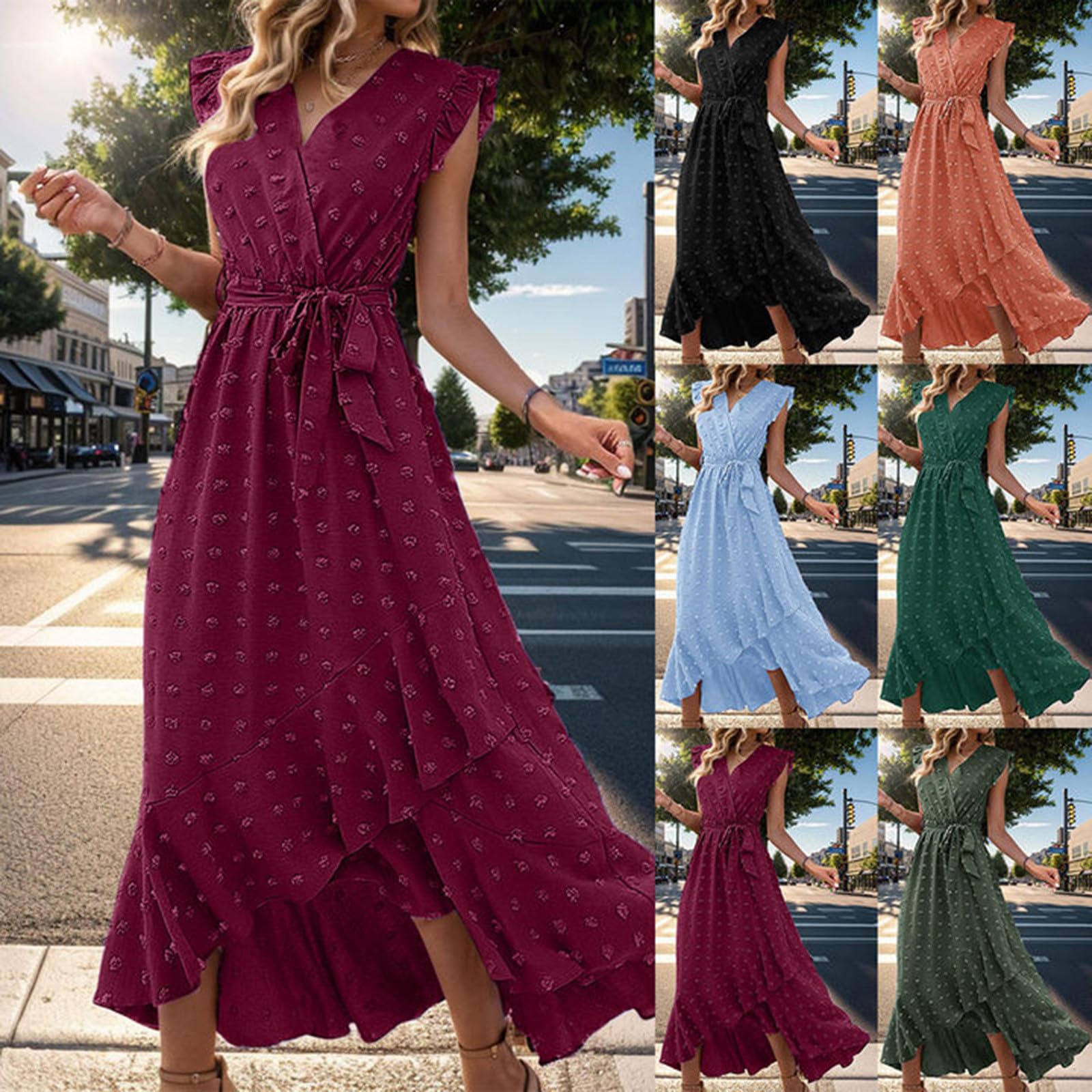 Vestido cruzado para mujer, de verano, largo, elegante, vestido de playa, cuello en V, línea A, vestido de verano, vestido de muselina Vokuhila, vestido de playa, vestido maxi ventilado sin mangas