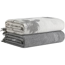 YTYC 35x65 Inches Cotton Bath Towels Extra Large Printing Decorative Tassels Super Soft Absorbent Quick Dry Thin lBathroom Towels Lint Free White-Dark Grey, Pack of 2