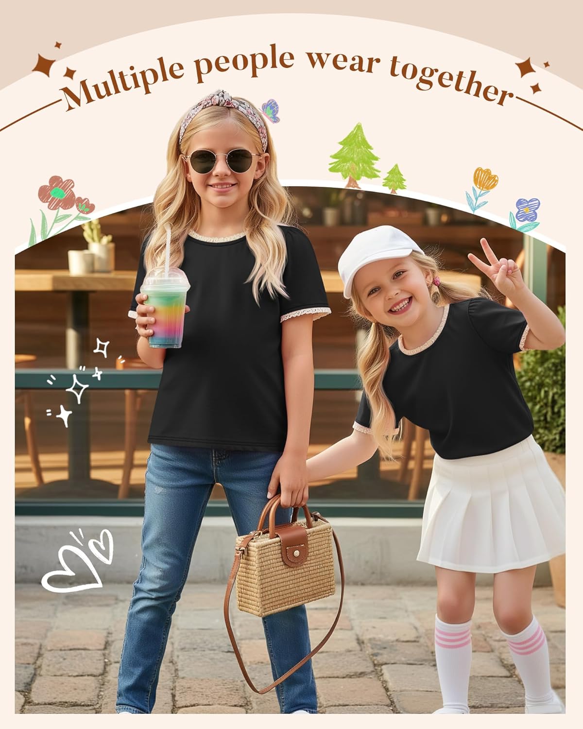 Girls Puff Short Sleeve Shirts Lace Crewneck Lettuce Trim Top Kids Tween Comfy Summer Cute Toddler Uniform Tee - Image 6