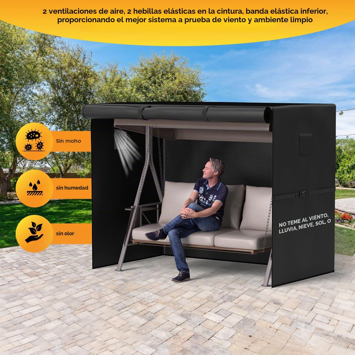 Fundas para columpio de jardín de 3 plazas, impermeables, de tela Oxford 600D, para exteriores, resistente al viento, anti-UV, para patio, jardín, hamaca con cremalleras impermeables (negro