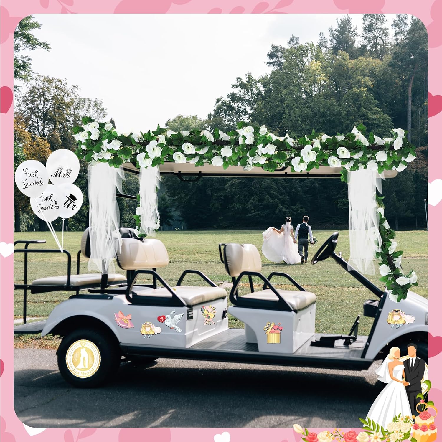 37 PCS Wedding Golf Cart Decorations Just Married Cart Decorations Include Banner Rose Garland Stickers Balloons White Ribbons for Golf Car Decor Accessories Wedding Party Anniversary