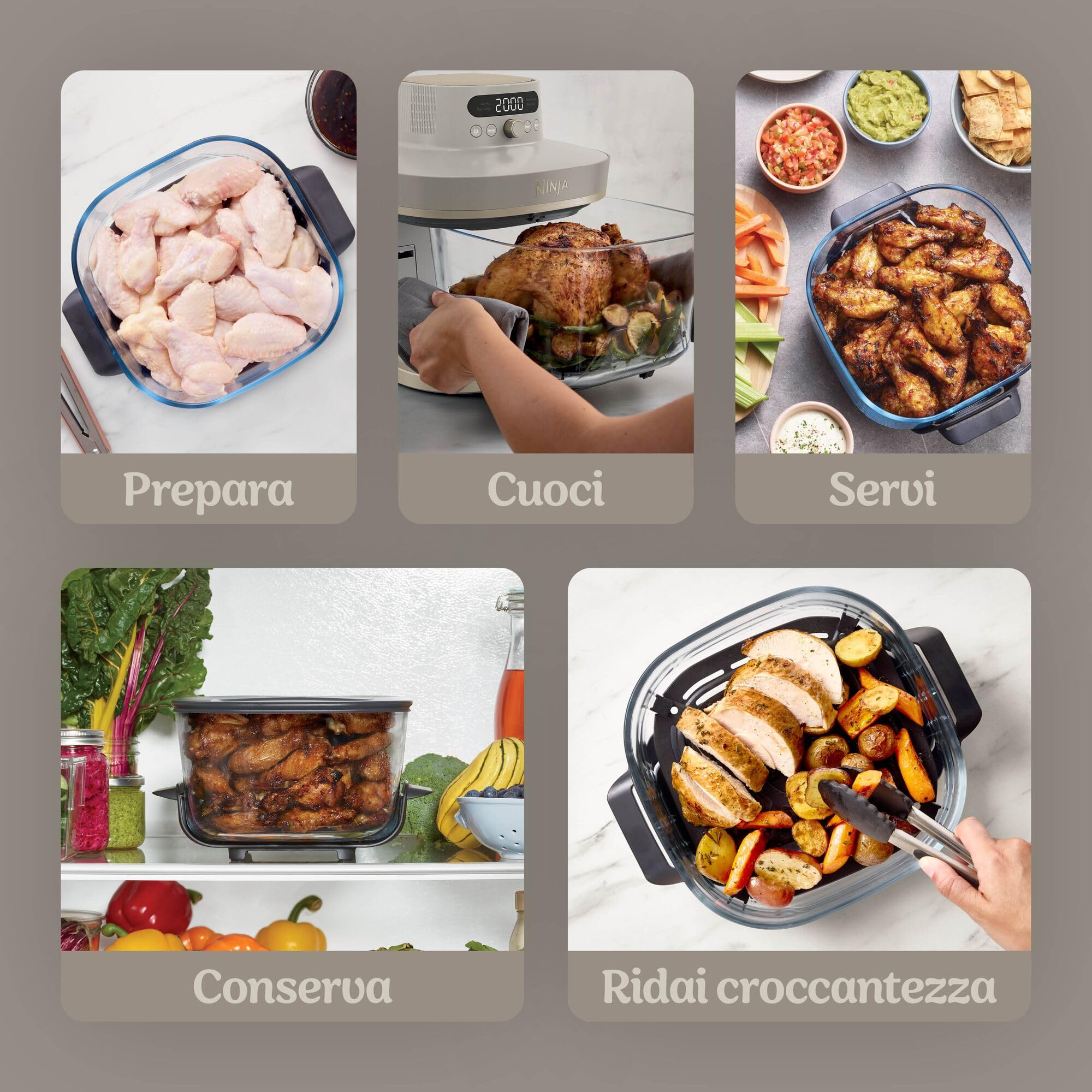 Ninja CRISPi PRO XL Friggitrice ad aria in vetro, 5 programmi di cottura preimpostati, include contenitori in vetro CleanCrisp da 5,7 L e 2,3 L e coperchi, oro chiaro AS090EUSD
