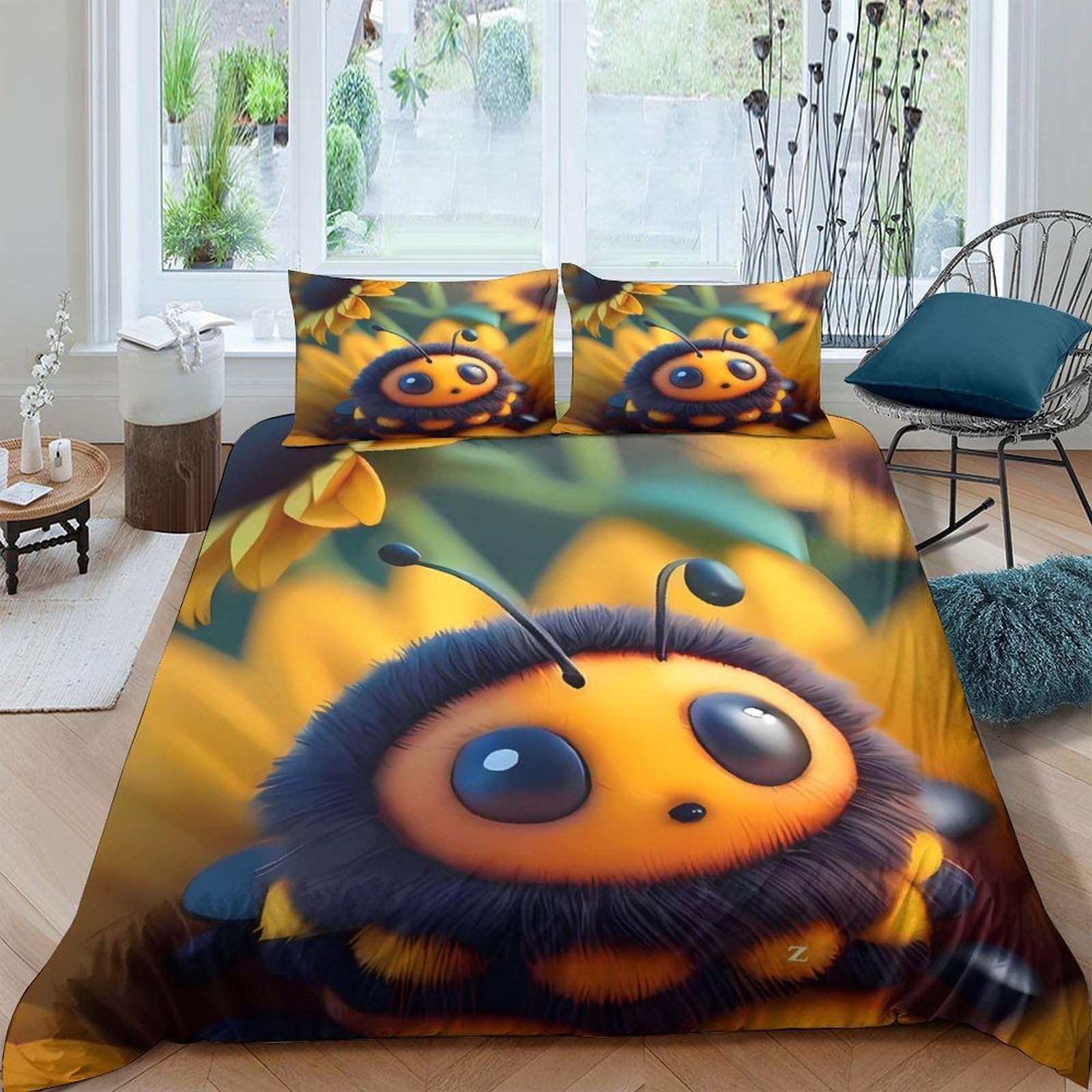 Ctjqhvkz Style-7 3D Printed Cute Bee Fitted Sheet Microfiber Soft Yellow Cartoon Sunflower Mattress Cover Bedroom Dorm Decor Single（135X200cm）