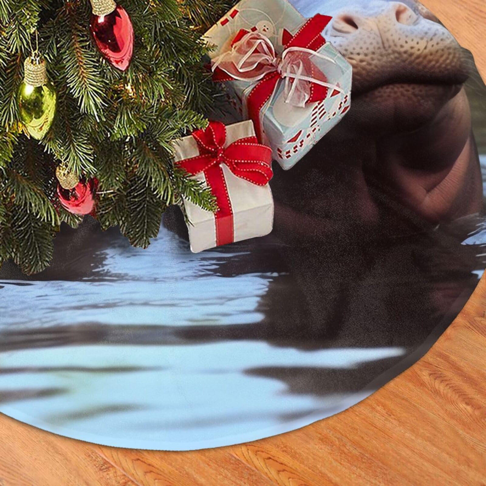 Fodpand Black Hippos Christmas Tree Skirt 30" Velvet Xmas Tree Skirt Mat Rustic Christmas Tree Mat Cover Winter Xmas Tree Collar For Indoor Outdoor Christmas Decorations