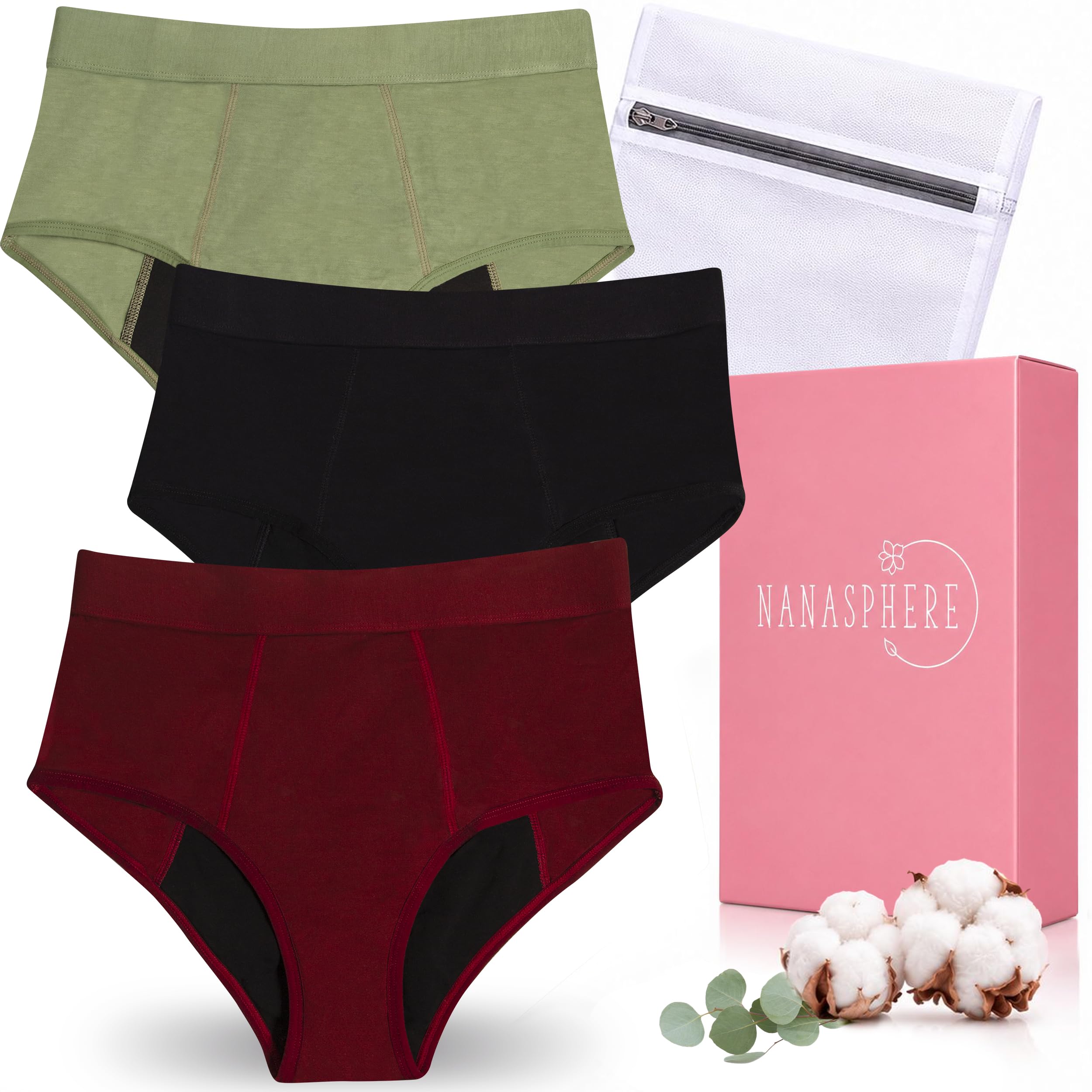 NANASPHERE Mutande Mestruali Donna 3 Slip a Vita Alta in Cotone Biologico + Sacchetto Lavaggio