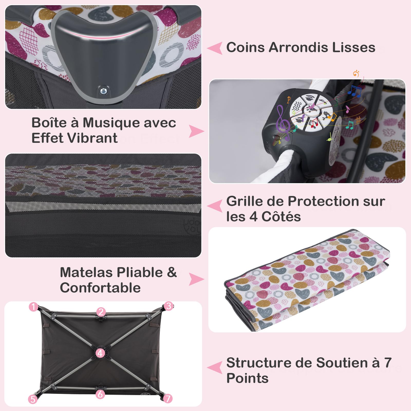 GOPLUS Lit Parapluie Bebe 5 en 1, Lit Bebe Evolutif de Voyage avec Parc, Table à Langer, roulettes Verrouillables et Sac de Transport, Boîte à Musique, 2 Jouets Mobiles, Charge 15KG (Fuchsia)