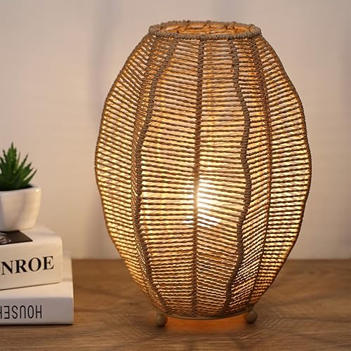 Miniatura 7 de Lámparas de mesa bohemias para dormitorio, pequeña lámpara de noche tejida natural, lámpara de mesita de noche de papel, lámpara de mesa auxiliar