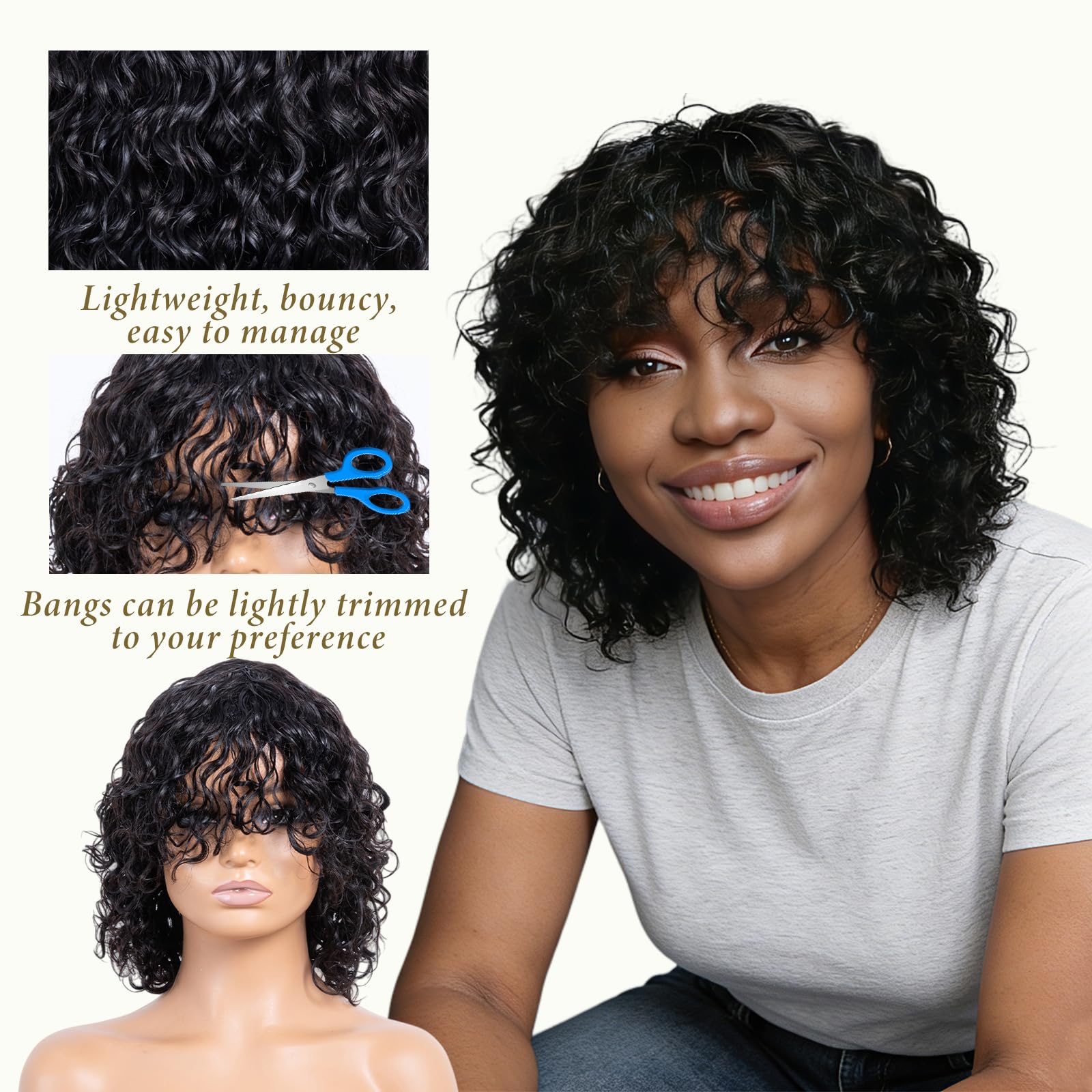 Short Water Wave Human Hair Wig with Bangs Glueless Brazilian Virgin Hair 12 Amazon.com : RAGMZZE short water wave wigs with bangs 100  main image 4