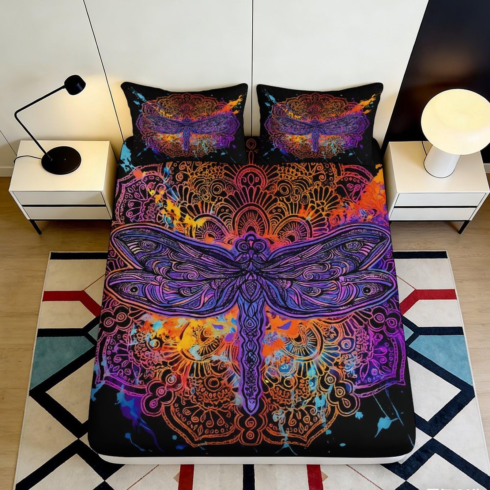 3D Printed Psychedelic Dragonfly Fitted Sheet Microfiber Vibrant Art Mattress Cover for Bedroom Dorm Décor 90x200x25cm