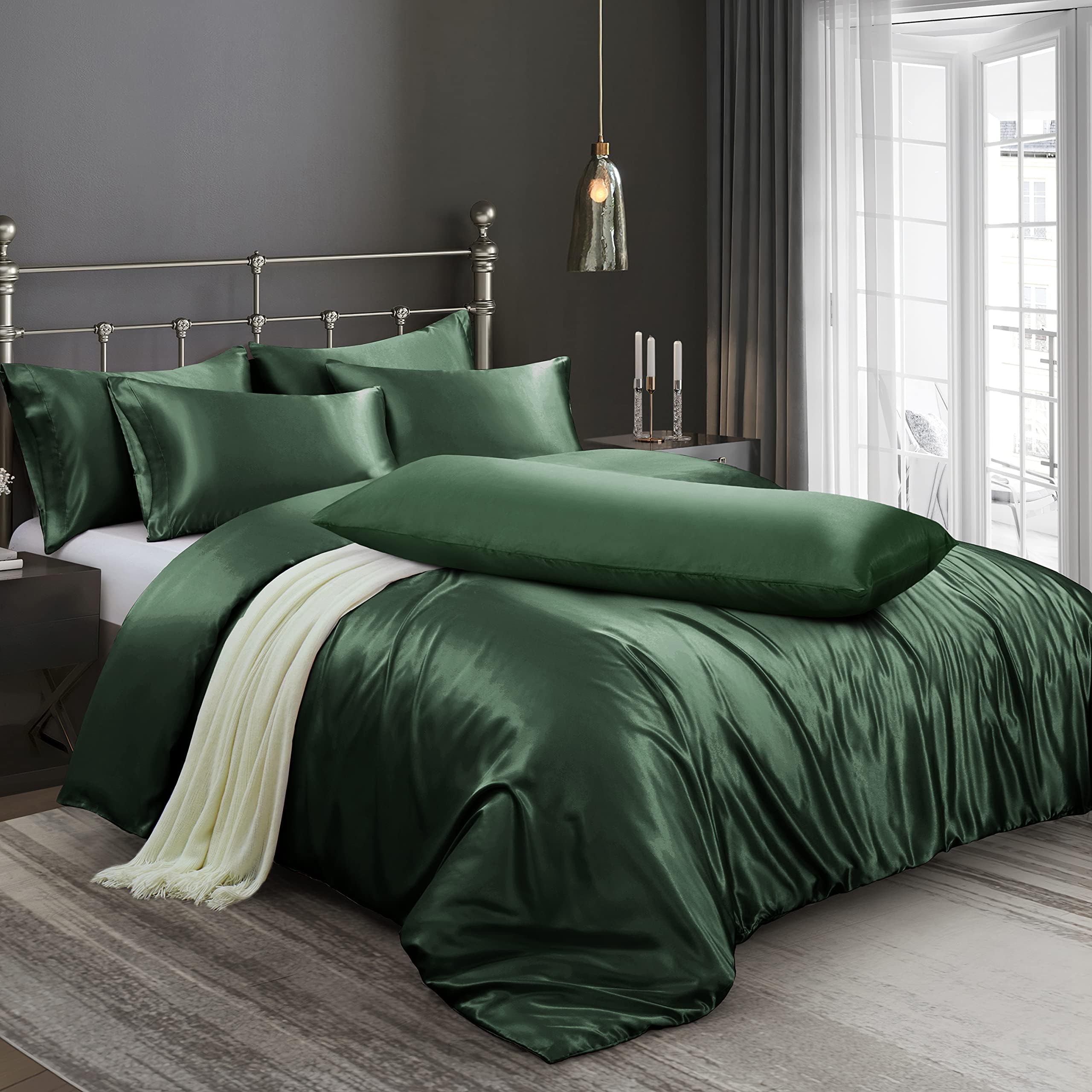 6 Pieces Satin Duvet Cover Full/Queen Size Luxury Silky Bedding Duvet Cover Set with 1 Soft Duvet Cover, 4 Queen Pillowcases and 1 Body Pillowcase, Emerald Green