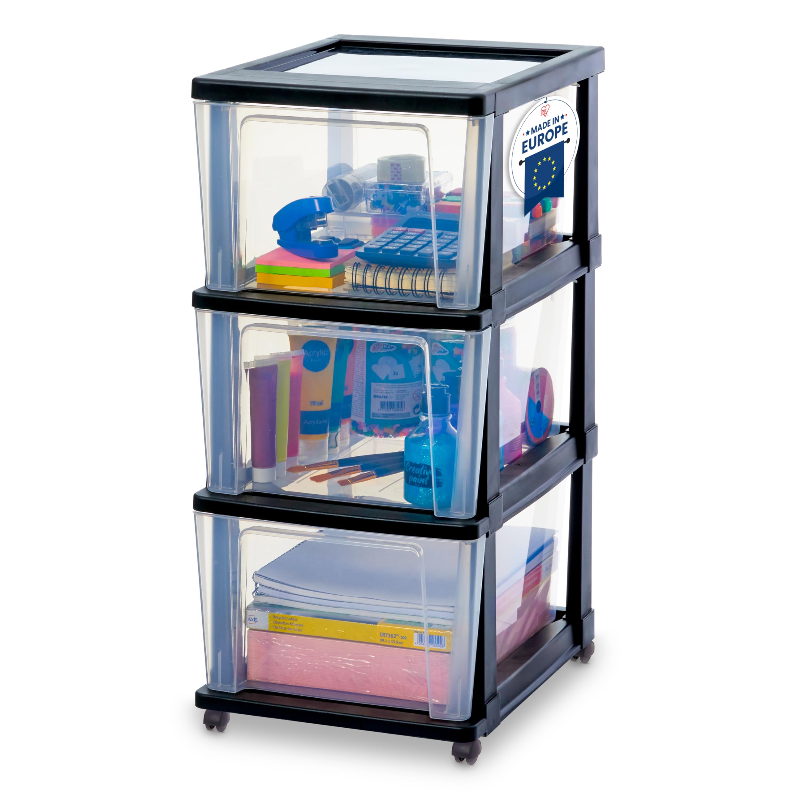 Iris Ohyama, Rollcontainer Kunststoff auf Rollen, 3 Grosse Schubladen, Schwarz, Leichtes Öffnen, Aufbewahrung, für Schreibtisch, Garage, Organizer, Schrank, BPA-frei, KMC-303