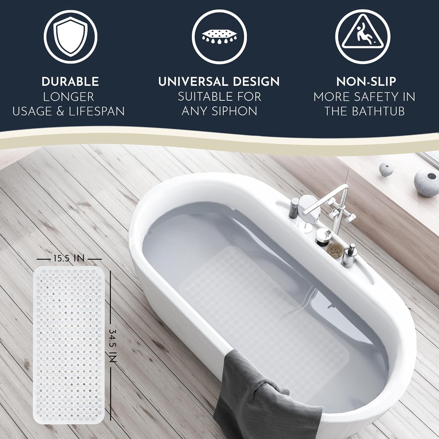 Homerella 1pc 34.5 x 15.5 inches Anti-Slip Bathtub Mat and 1pc 21 x 21 inches Non Slip Shower Mat, Machine Washable, INCL. Hooks for Hanging (Clear)