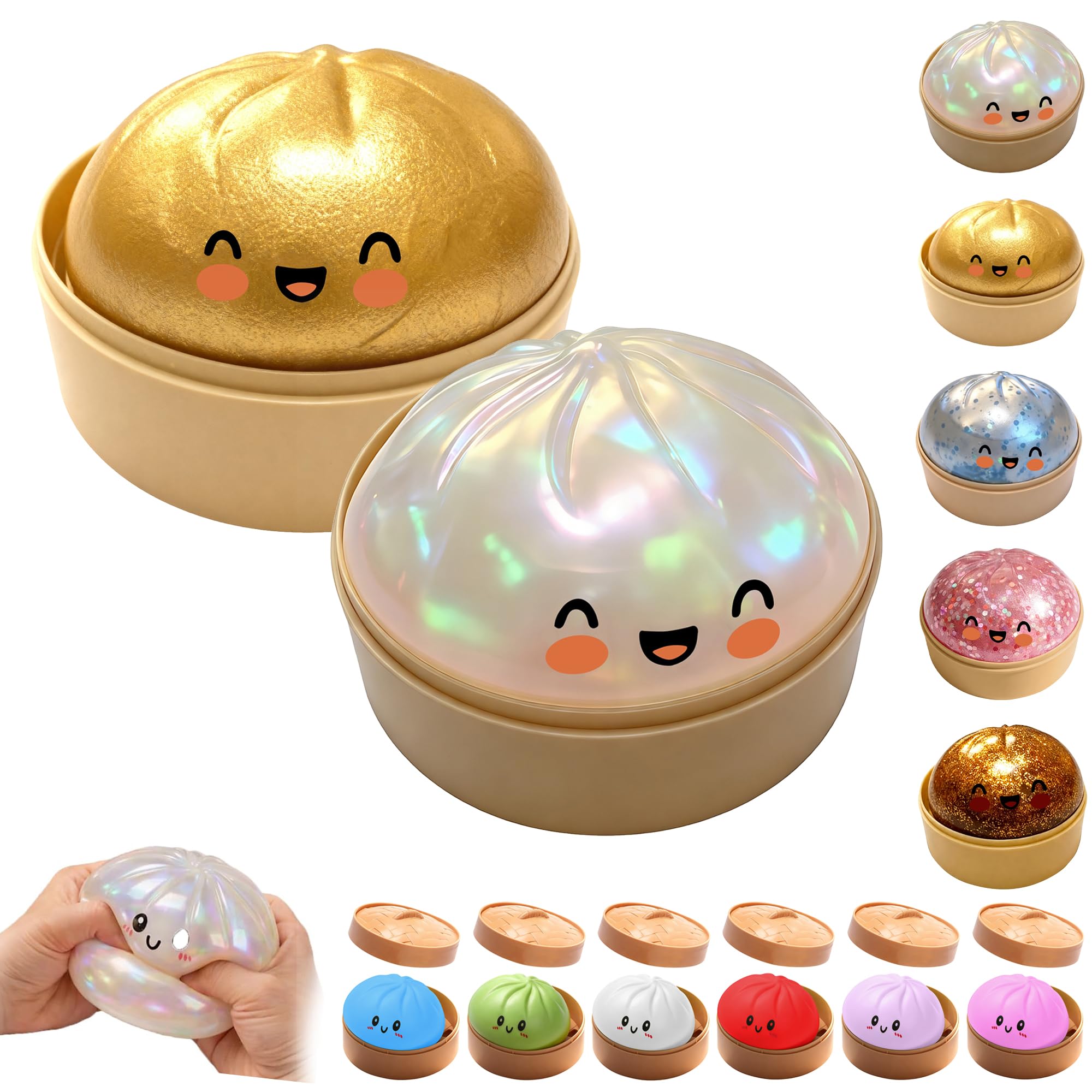 OKESYO Dumpling Squishy, 2Pcs Giant Squishy Dumpling Toy with Steamer Box, Mystery Rainbow Dumplings