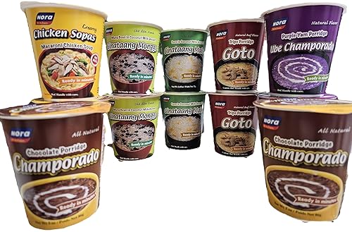 Nora Paquete de 12 Champorado de Chocolate 2, Sopas de Pollo 2, Ginataang Monggo 2, Ginataang Mais 2, Beef Goto 2, Ube Champorado Peso Neto 2.6oz