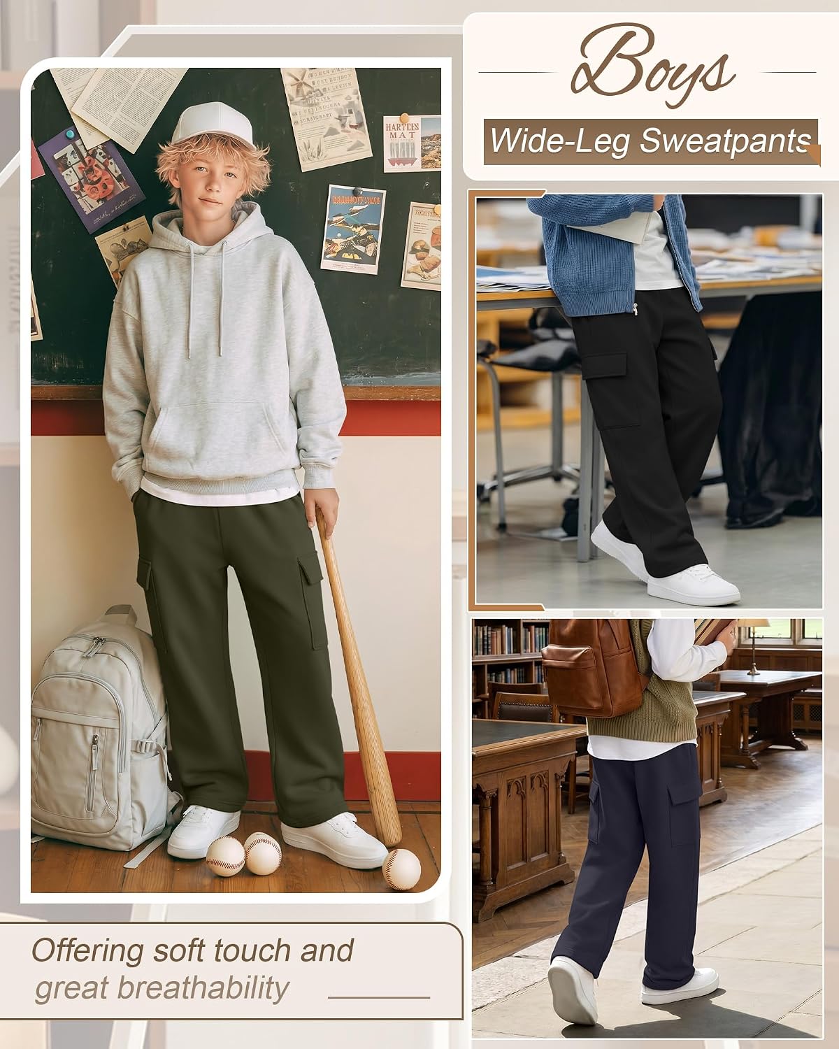 Yooo's Vivi 3 Pack Boys Cargo Sweatpants 5-14Y, 3-Color, 11-12 Years | Kids Cargo Sweatpants, Open Bottom, Elastic Waist, 4 Pockets, Soft Fabric, Athletic, School, Outdoor, Casual Daily, Playtime