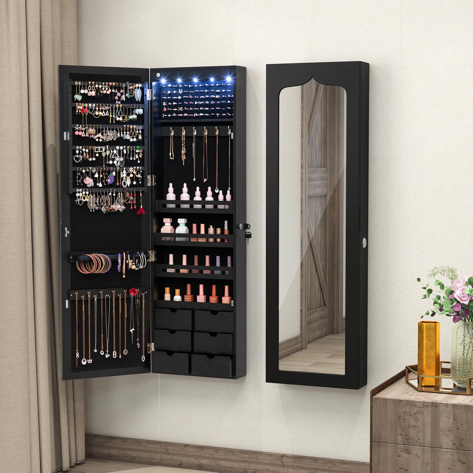 COSTWAY Armoire à Bijoux Murale avec Miroir, Inclus 5 Lumières LED, Emplacement pour Boucles d'Oreiller,Bracelets,Bag etc. Installable sur Mur ou Porte, 36,5 x 11,5 x 120 cm (Noir)