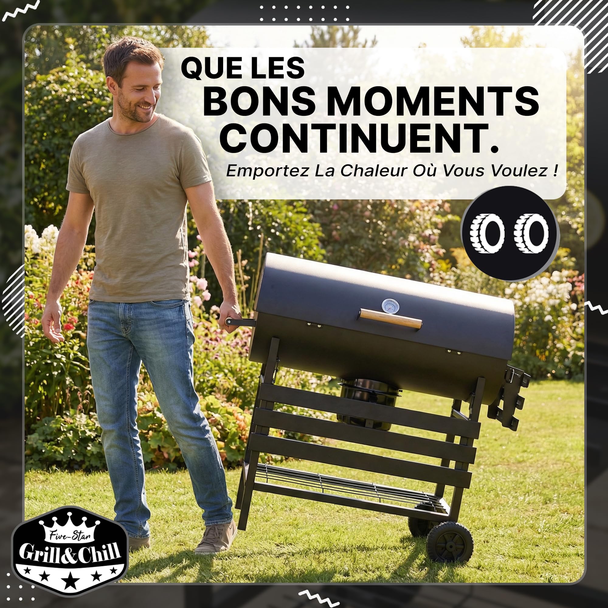 Five-Star Grill & Chill Barbecue charbon de bois - barbecue de jardin, barbecue charbon grande grille chromée 71×35 cm, couvercle, cendrier, thermomètre, deux roues de transport, BBQ, GC0002