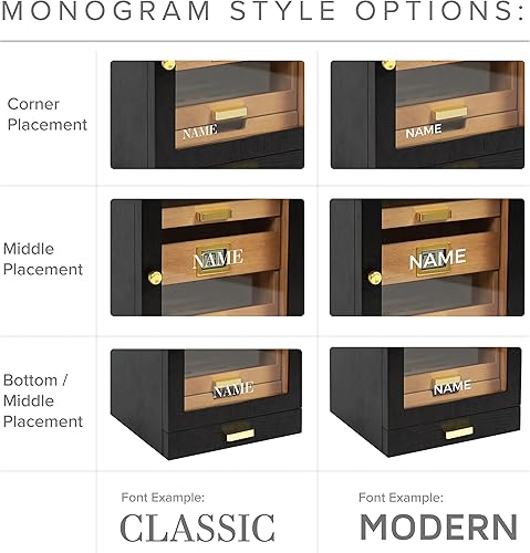 Miniatura 4 de Humidor de gabinete Luca monogramado, almacenamiento de cigarros para 100-150 puros, cedro español, 3 cajones grandes frontales de cristal,