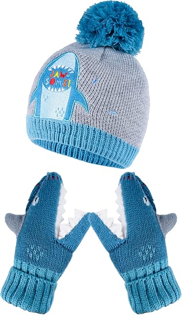 Tofern Kids Beanie Hat Gloves Set Boys Girls Cute Winter Outdoor Warm Fleece Lining for 3-8 Years Old Children