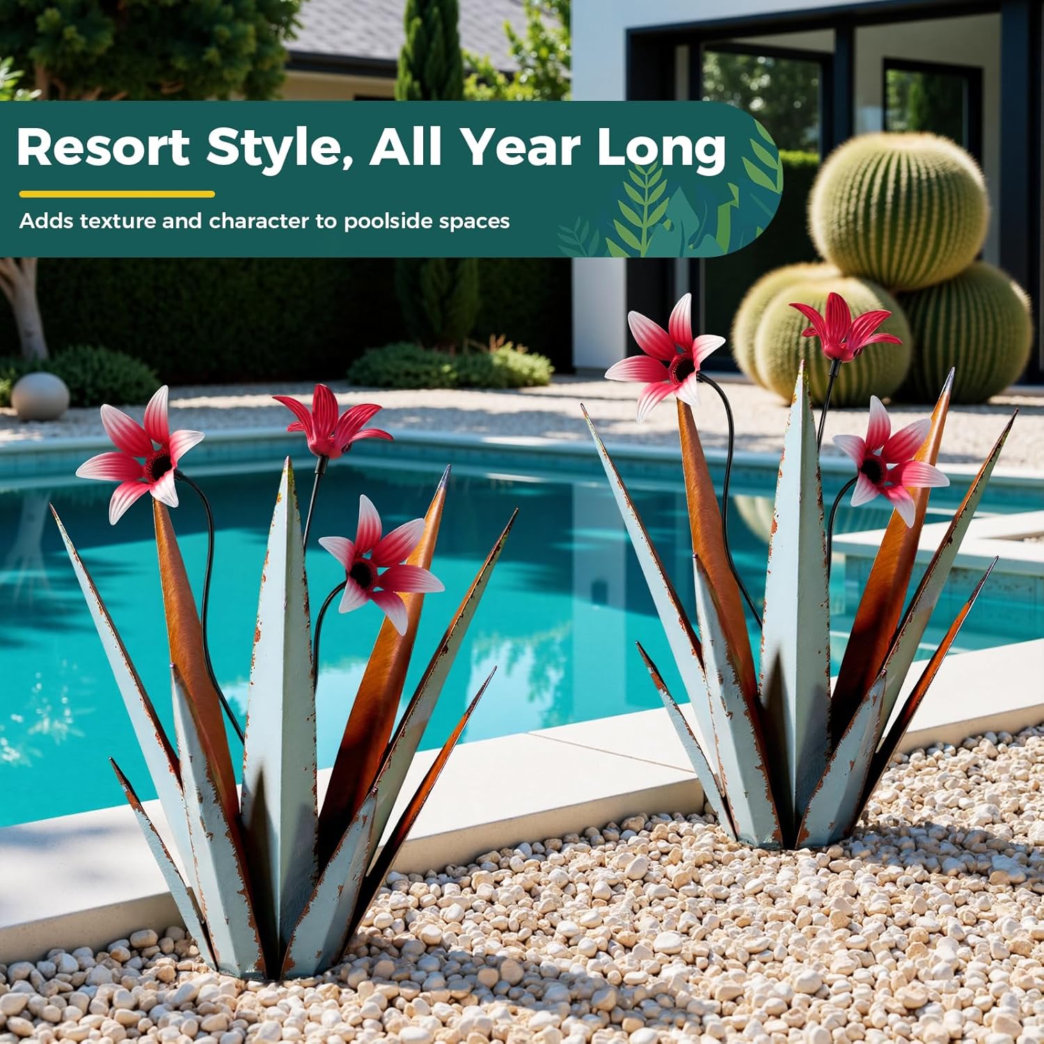 2 Pack Metal Agave Plant Sculptures, Outdoor Agave Plants, Tequila Rustic Sculpture, 16” Hand Painted Garden Decoration Yard Art Plant