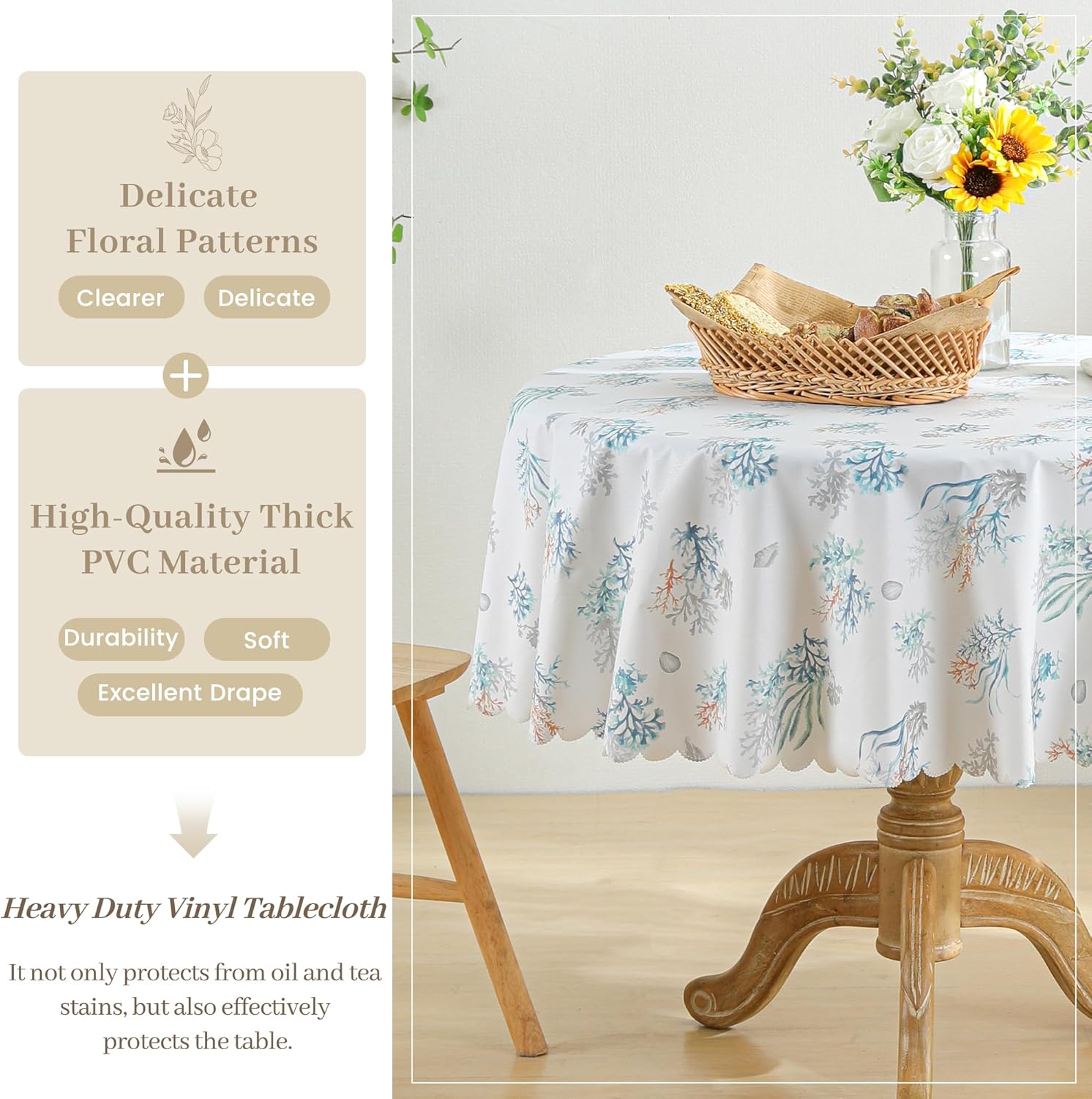 Dimatic Heavy Duty Vinyl Plant Printed Tablecloth, Waterproof and Oil-Proof Round PVC Table Cloth, Wipeable Table Cover for Restaurant, Party, Gathering (Seaweed, Round 55 Inch)