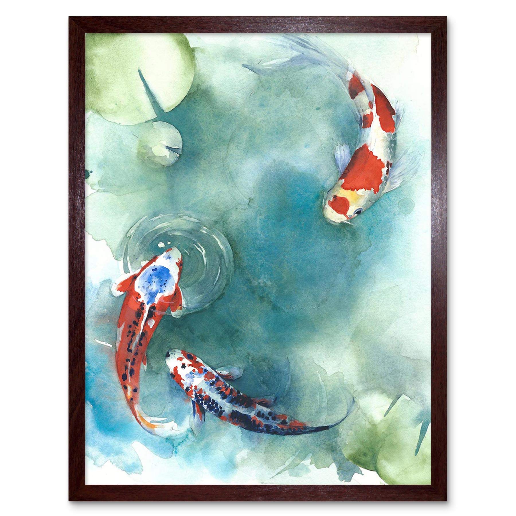 Wee Blue Coo Japanese Koi Fish With Lilies Art Print Framed Poster Wall Decor 12X16 Inch