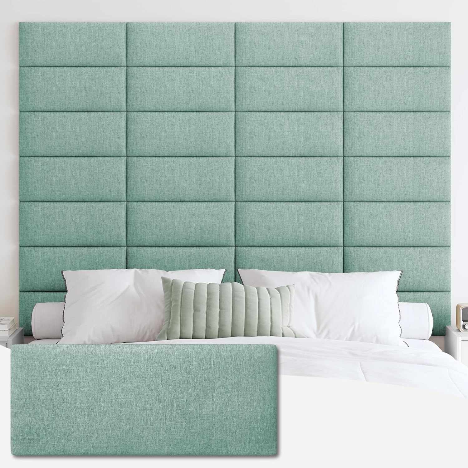 IFNOW Upholstered Wall Mounted Headboard, 3D Soundproof Wall Panels Peel and Stick for King Size, Reusable and Removable Tufted Bed Headboard in Grass Green (12 Panels, 10" x 24") Fabric-grass Green King