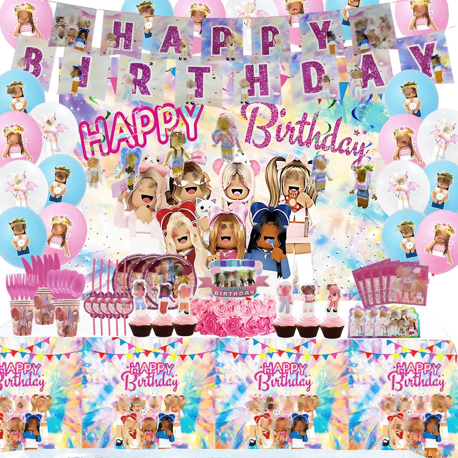 fangzi 142PCS Robot Blocks Birthday Party Supplies for Girls Pink Decorations Video Game Serve 10 Guests