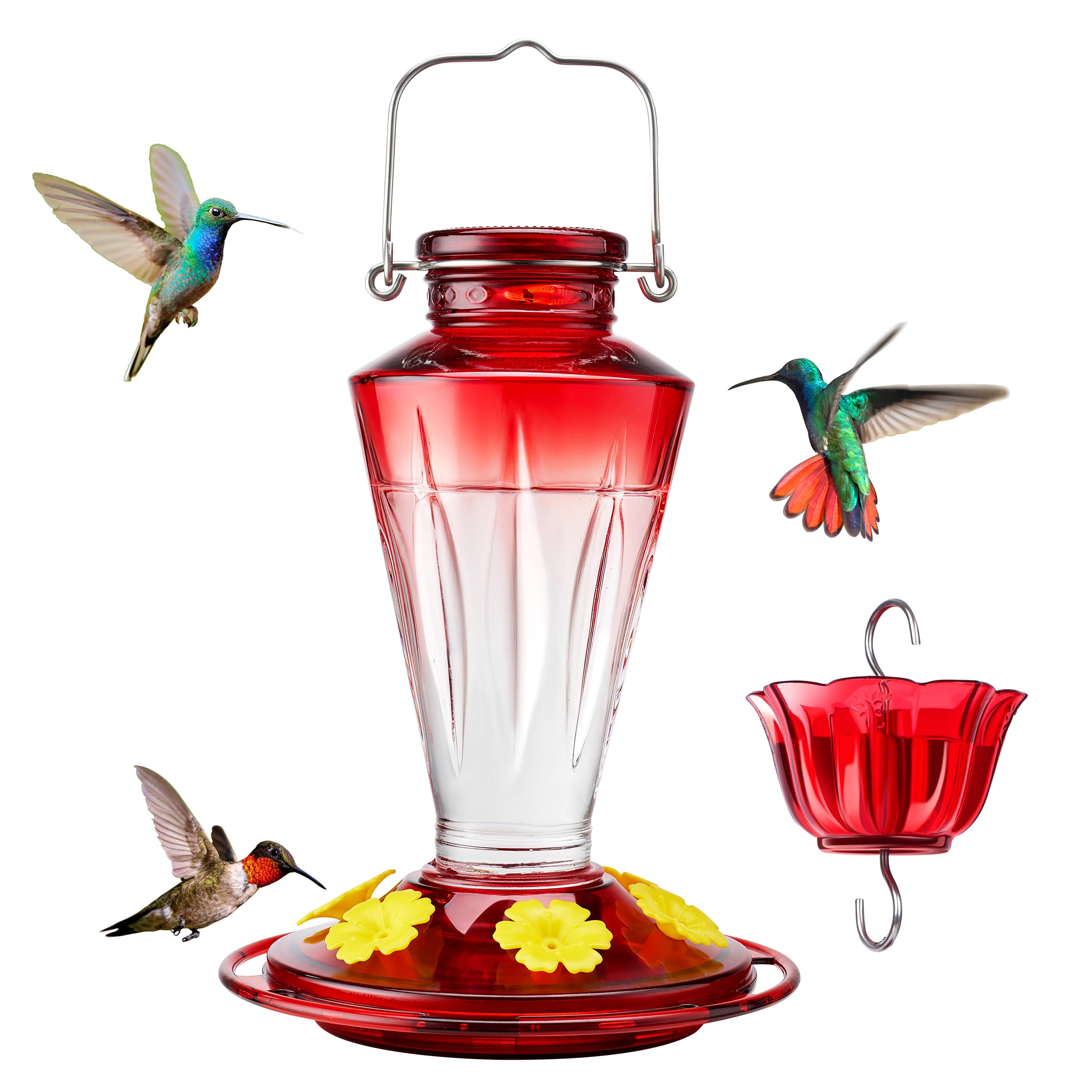 Kingsyard Glass Hummingbird Feeders for Outdoors Hanging Ant & Bee Proof, 16 Ounces Bird Nectar Feeder 6 Flower Feeding Ports, Leak Proof, Easy to Refill & Clean, Ant Moat Included, Red