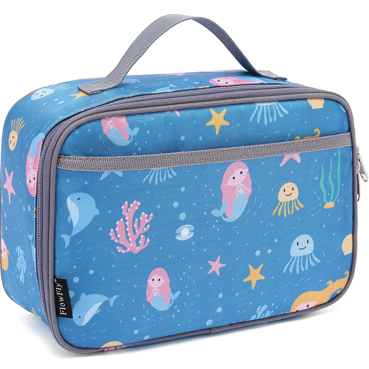FlowFly Kids Lunch box Insulated Soft Bag Mini Cooler Back to School Thermal Meal Tote Kit for Girls, Boys, Mermaid
