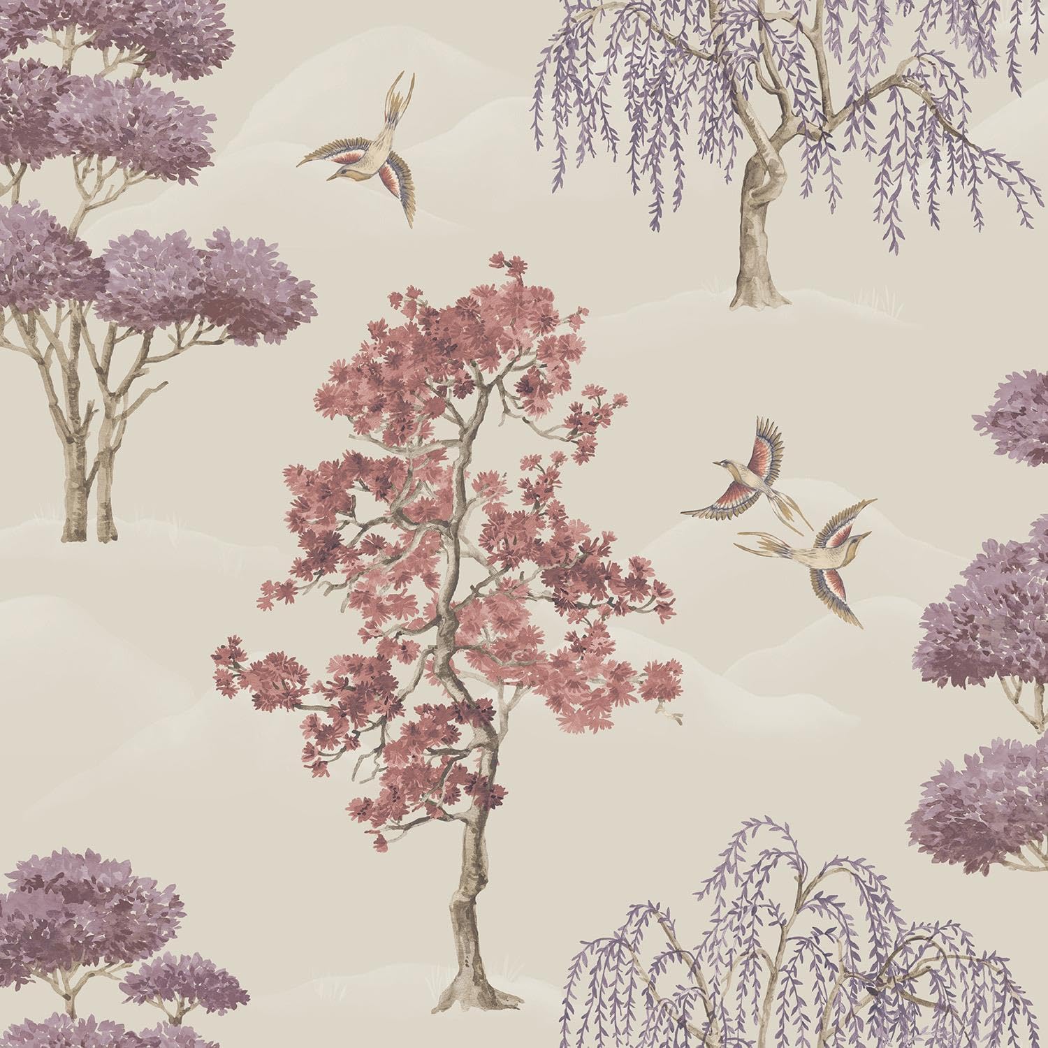 Yöl Cream And Burgundy Maya Willow Woodland Trees Birds Burgundy Cream Wallpaper - Naturistic Floral - Modern Contemporary Feature Wall