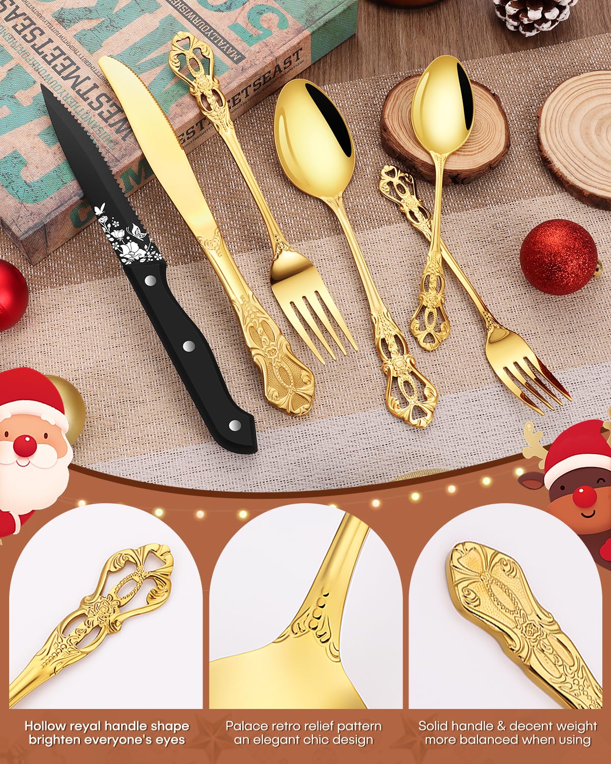 EUIRIO Royal Gold Silverware Set for 4, 24 Pieces Stainless Steel Flatware Set, Cutlery Set Include Forks Spoons Knives and Silverware Gift Box with Handle for Holiday Present, Dishwasher Safe