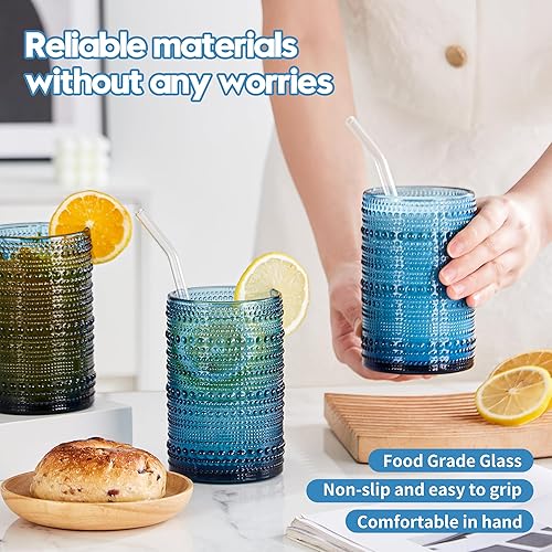 Miniatura 3 de Juego de 12 vasos vintage con textura de hobnail de 15 onzas, vasos de barra azul en relieve para cócteles, cerveza, whisky, vasos altos aptos para