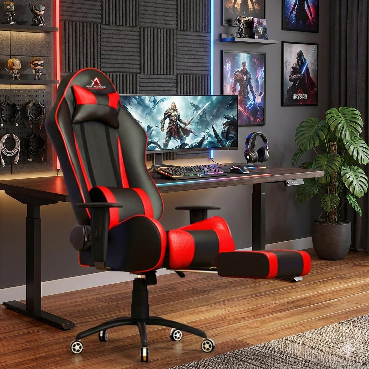 ASE GAMING Gold Series Ergonomic Gaming Chair with Footrest Premium PU Leather, Adjustable Neck & Lumbar Pillow, 180 Degree Recline with Black Metal Base (Red)