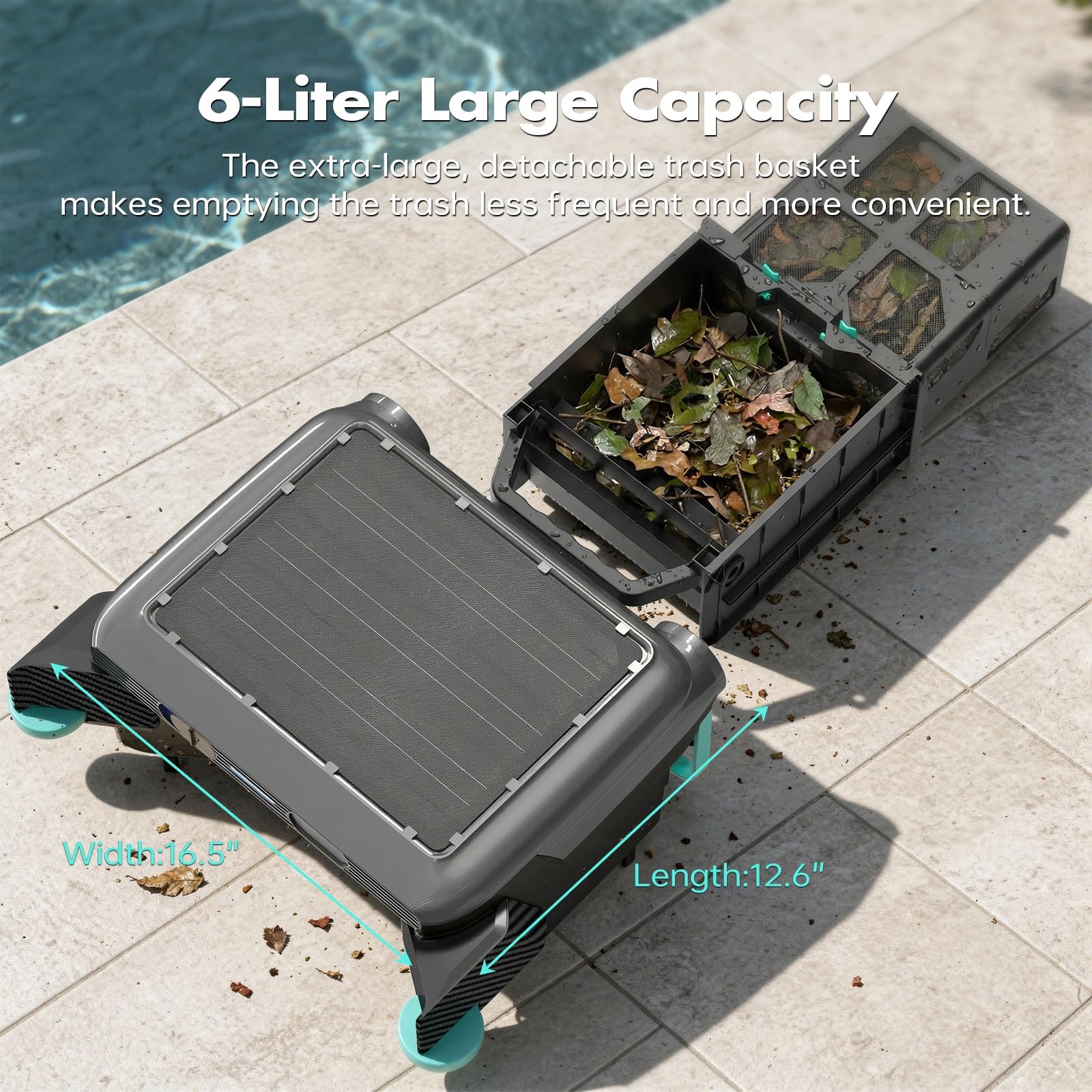 Robot Skimmer Solare per Acqua Cristallina, Pulitore Superficie Automatico 20H+ con 5200mAh Batteria, Cesto 6L, Ideale per Pulire i Bordi della Piscina, IPX8