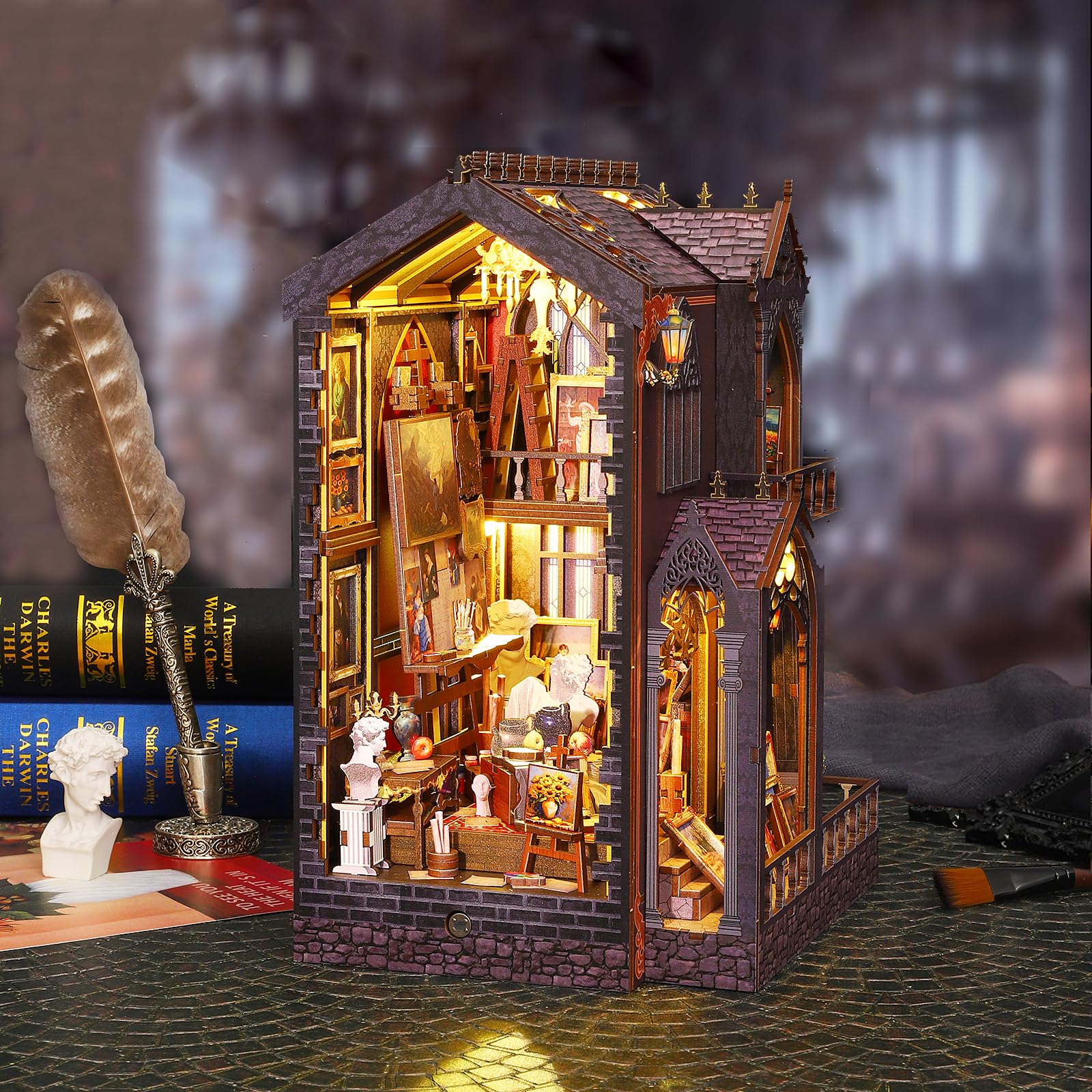 CUTEROOM DIY Book Nook Kit – Puppenhaus Holz 3D Puzzle – Miniatur Wunderkammer Bastelset mit LED&Spieluhr – Geschenk für Kunstliebhaber & Deko