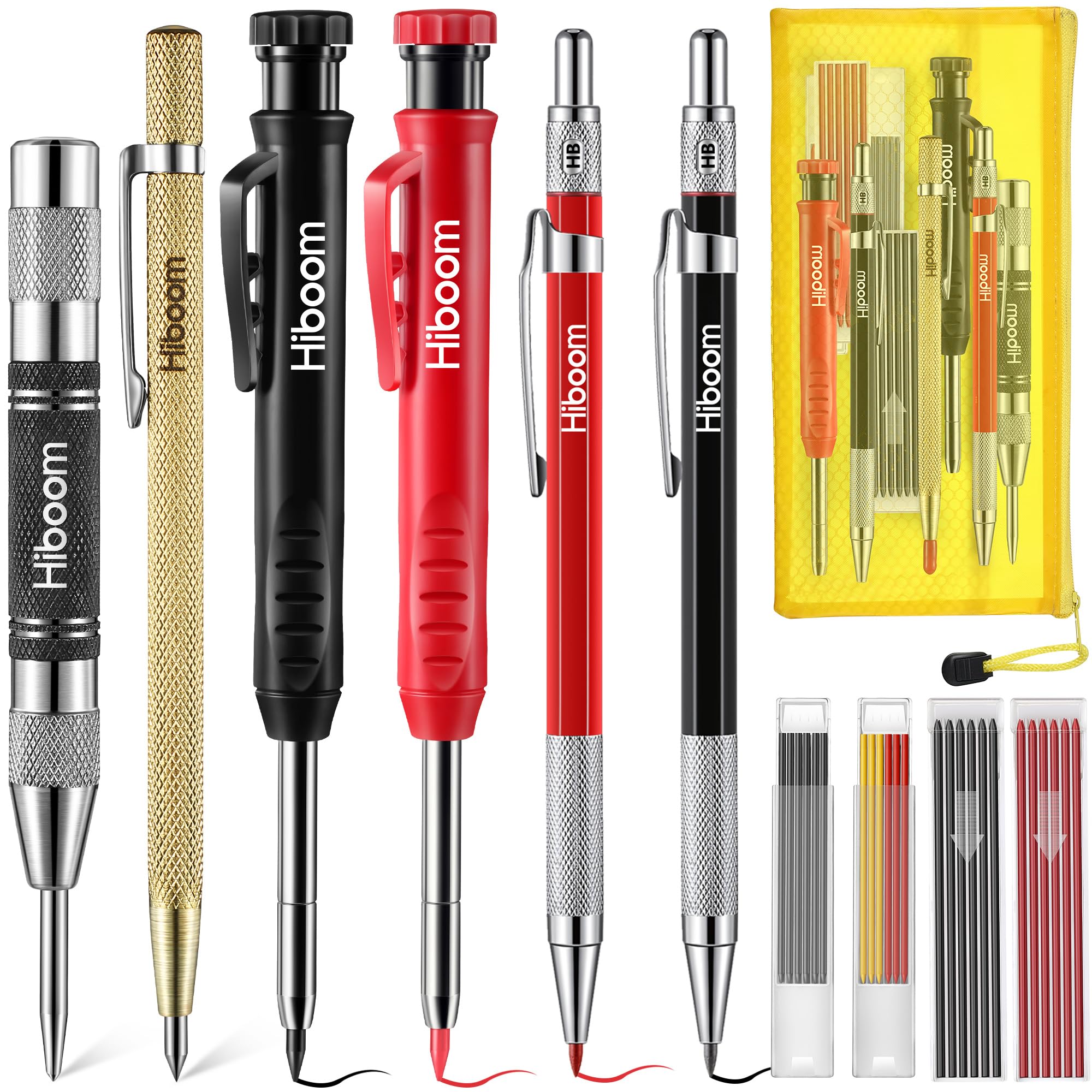 Hiboom 10 Pack Carpenter Pencil Set with Sharpener, Mechanical Carpenter Pencils 36 Refills, Storage Bag, Automatic Center Punch and Carbide Scribe Tool, Heavy Duty Construction Pencil for Architect